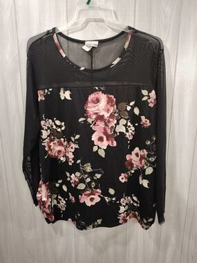 Women's Vintage Lexington Avenue Dark Floral Sheer Long Sleeve Top Plus Size 3X